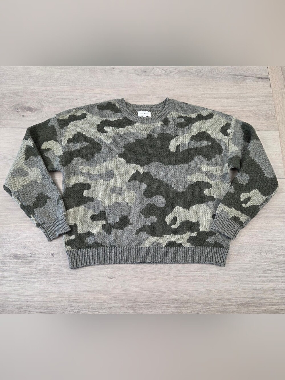 Lucky Brand Wool Blend Camo Sweater Womens Large Green Pullover Ribbed Crewneck